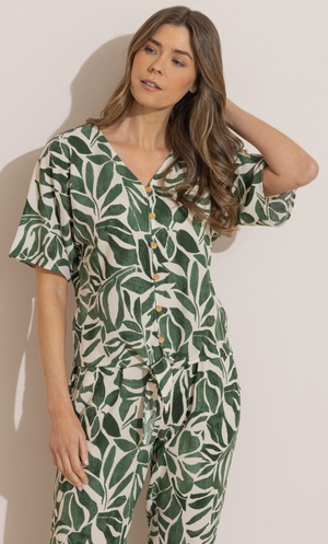 Printed Tie Front Top - Khaki/White