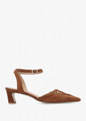 Nelia Tan Suede Plaited Cage Kitten Heel Ankle Strap Court Shoes