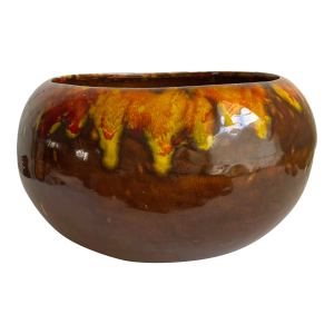 Frank Moreno Usa Pottery XL Large Planter Brown Yellow Red Drip Glaze Signed Mid Century Modern 1960s
