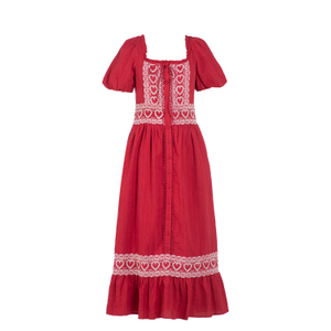 Harri Red And White Cotton Heart Embroidery Short Sleeve Maxi Dress (M)