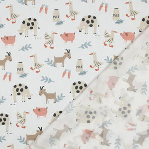 Tissu popeline de coton à la ferme - Animaux fond blanc