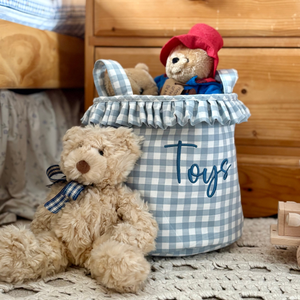 Mabel & Fox - Personalised Blue Gingham Ruffle Basket - Embroidered