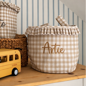Mabel & Fox - Personalised Gingham Ruffle Basket - Beige
