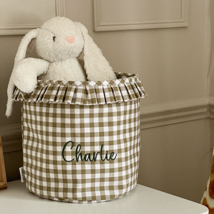 Mabel & Fox - Personalised Green Gingham Ruffle Basket - Embroidered