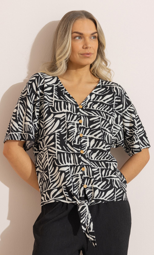 Printed Tie Front Top - Black/Cream