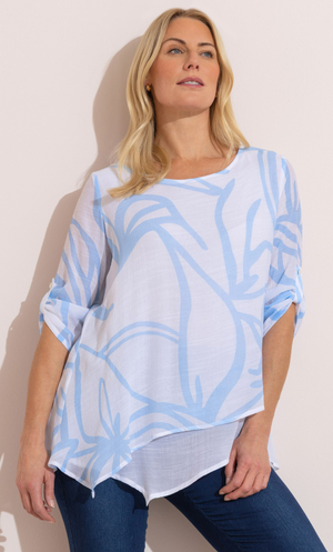 Anna Rose Printed Layered Hem Top - White/Blue