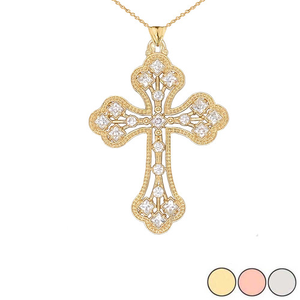Solid Gold Milgrain Designer Cross Pendant Necklace (Available in Yellow/Rose/White Gold)