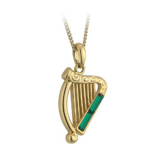 Irish Harp Gold Plated Necklace with Emeralds