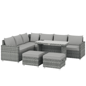 Outsunny 6 Seater Rattan Garden Furniture Set with 3 Sofas, 2 Footstools, Table, Patio Rattan Furniture Sofa Sets, Grey