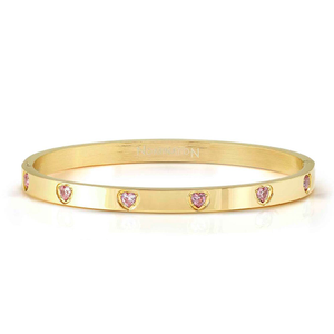 Pretty Stainless Steel Gold Plated Pink Heart CZ Satin Shine Bangle