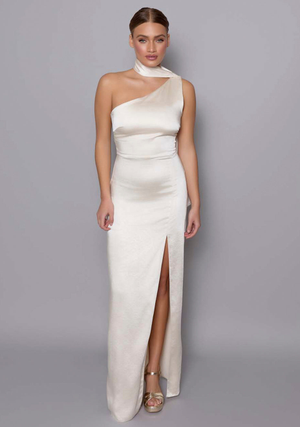 Cordula | One Shoulder Scarf Detail Cream Maxi Dress