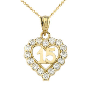 Gold 15 Años Quinceañera Heart Pendant Necklace with Cubic Zirconia (Available in Yellow Gold, Rose Gold, White Gold)