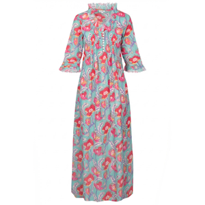 Cotton Annabel Maxi Dress In Duck Egg Flower (L)
