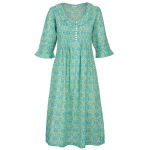 Cotton Karen 3/4 Sleeve Day Dress In Duck Egg Blue & Green (S)