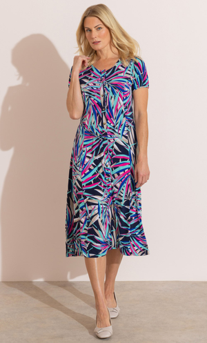 Anna Rose Leaf Print Midi Jersey Dress - Navy/Multi