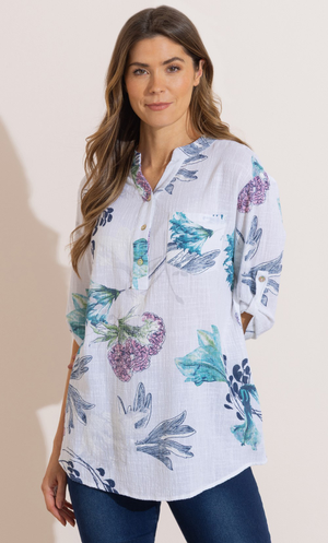 Garden Print Cotton Tunic Top - White/Pink/Aqua