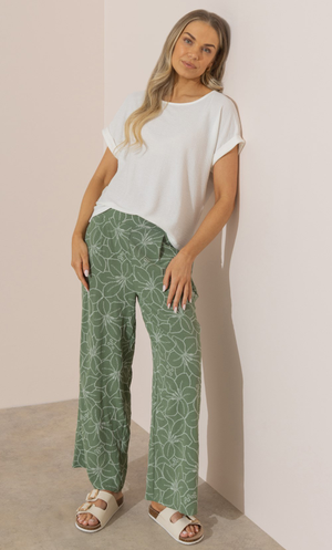 Floral Printed Wide Leg Trousers - Khaki