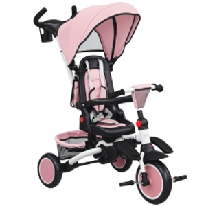 AIYAPLAY Triciclo Evolutivo 6 en 1 Plegable Asiento Giratorio de 360° Mango Parental Respaldo Reclinable Toldo Rosa