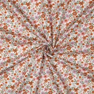 Tissu popeline de coton Cassandre - Fleurs roses et oranges fond blanc