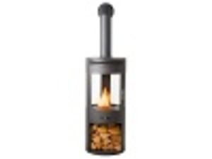 OKO S7 Bio Ethanol Cylinder Stove with Panoramic Glass with Log Storage & Tall Angled Metal Stove Pipe in Charcoal Grey