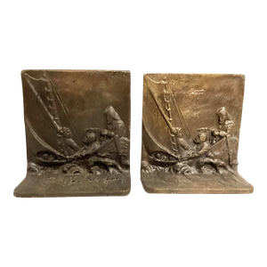 1940s Brass Bookends After Winslow Homer Fisherman at Sea Cape Cod.- a Pair