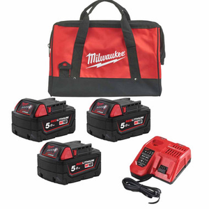 Milwaukee M18 3x 5.0Ah Battery Set with M12-18FC Charger & Contractor Bag