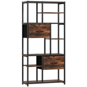 HOMCOM Freestanding Storage Shelf — 2 Fabric Drawers & 9 Open Compartments, Steel Frame, Rustic Brown/Black