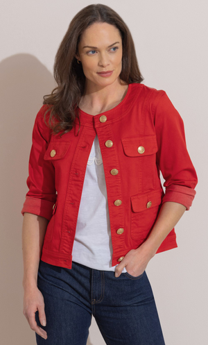 Collarless Cotton Blend Denim Jacket - Red