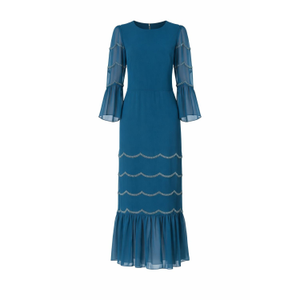 Georgie Teal Scallop Hand Beaded Midi Dress (M)