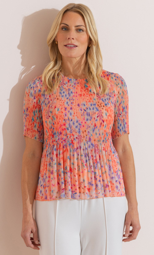 Anna Rose Floral Printed Pleated Top - Sherbert/Multi