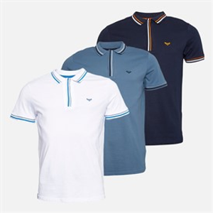 THREADBARE Mens Croswell Three Pack Polo Shirts Navy/Denim Blue/White