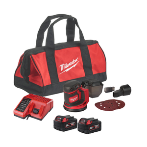 Milwaukee M18BOS125-502B 18V Random Orbital Sander 4933464230 Kit - 2x 5Ah Batteries, Charger & 16Inch Bag