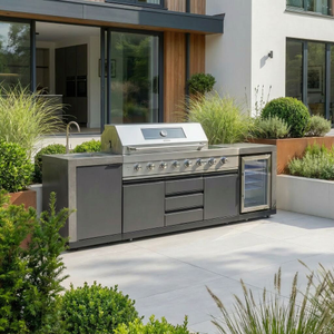 Maze - Ember Linear Outdoor Kitchen with 6 Burner Gas Grill, Sink & Single Fridge - Grey