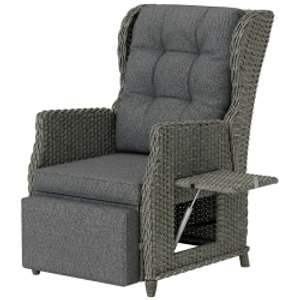 Outsunny Rattan Garden Recliner Chair, Reclining Garden Chair with Adjustable Back and Footrest, Flip Table, Cushion, Dark Grey
