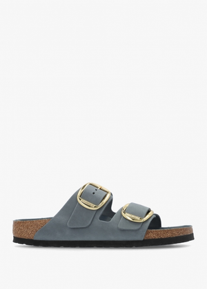 Arizona Big Buckle Basalt Gray Oiled Leather Two Bar Mules