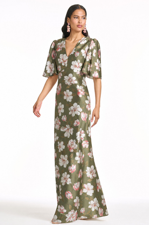 MAE GREEN PINK FLORAL SATIN EMPIRE WAIST GOWN