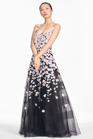 APHRODITE NAVY MULTI FLORAL EMBROIDERED A-LINE GOWN