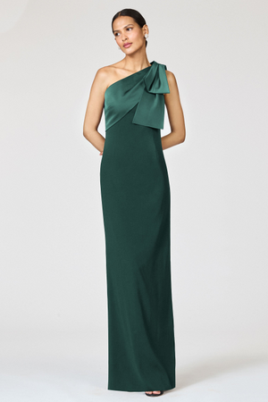 ESTRELLA FOREST GREEN ONE SHOULDER COLUMN GOWN