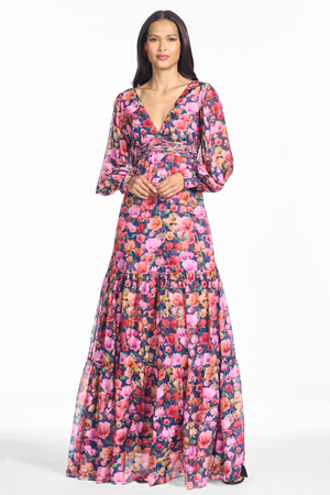 KARA MULTI FLORAL SILK CHIFFON A-LINE GOWN