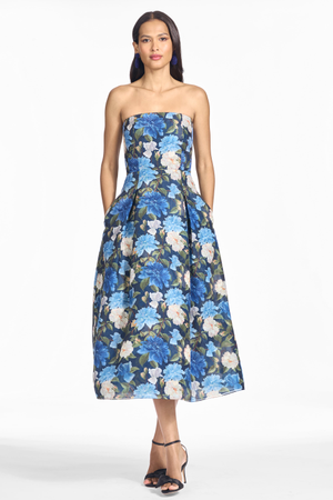 SHAY NAVY FLORAL ORGANZA FIT AND FLARE DRESS