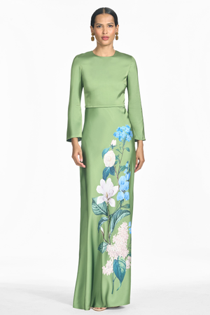 ALEX GREEN FLORAL CREPE SATIN A-LINE GOWN