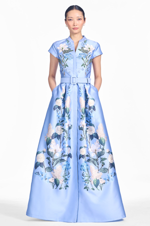 MARTA STEEL BLUE FLORAL EMBELLISHED MIKADO BALL GOWN