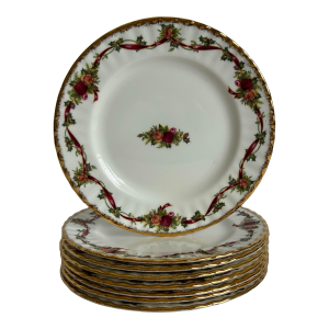 1960s Royal Albert Old Country Roses Holiday Ribbons Salad or Dessert Plates Set of 8