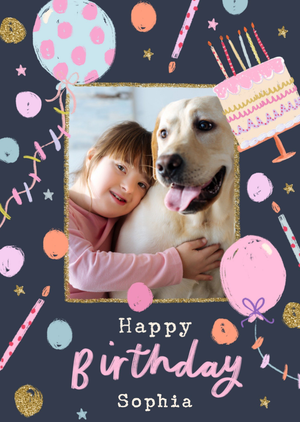 Illustrated Balloons And Cake Photo Upload Happy Birthday Card