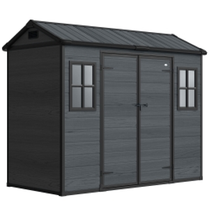 Outsunny 8 x 4 ft Resin Garden Shed, Wood-Effect Outdoor Storage Shed with Floor, Windows, Lockable Doors and Vents, Dark Grey