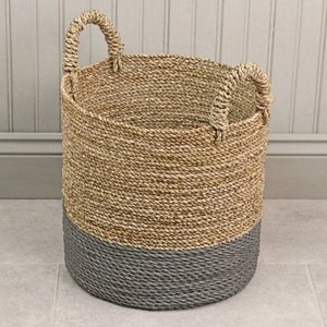Round Natural & Grey Woven Storage Basket with Handles