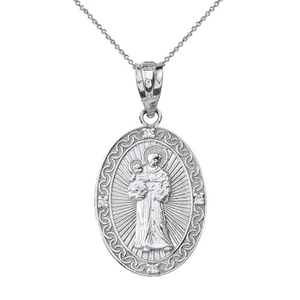 Sterling Silver Engravable CZ Saint Anthony Pray For Us Oval Pendant Necklace 1.04"