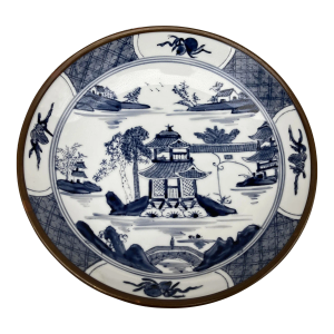 Vintage Japanese Blue Willow Brass Encased Porcelain Bowl