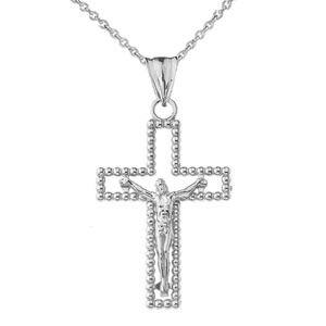 Beaded Open Crucifix Cross Pendant Necklace in Sterling Silver