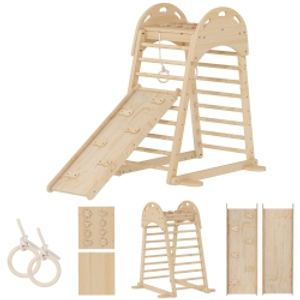 AIYAPLAY 6 en 1 Triángulo de Escalada Montessori con Plataforma y Anillos Estructura de Escalada de Madera con Tobogán Natural